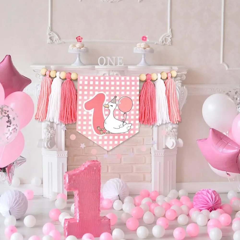 Pink Silly Goose 1st Birthday Banner – High Chair Tassel Decor for Girls